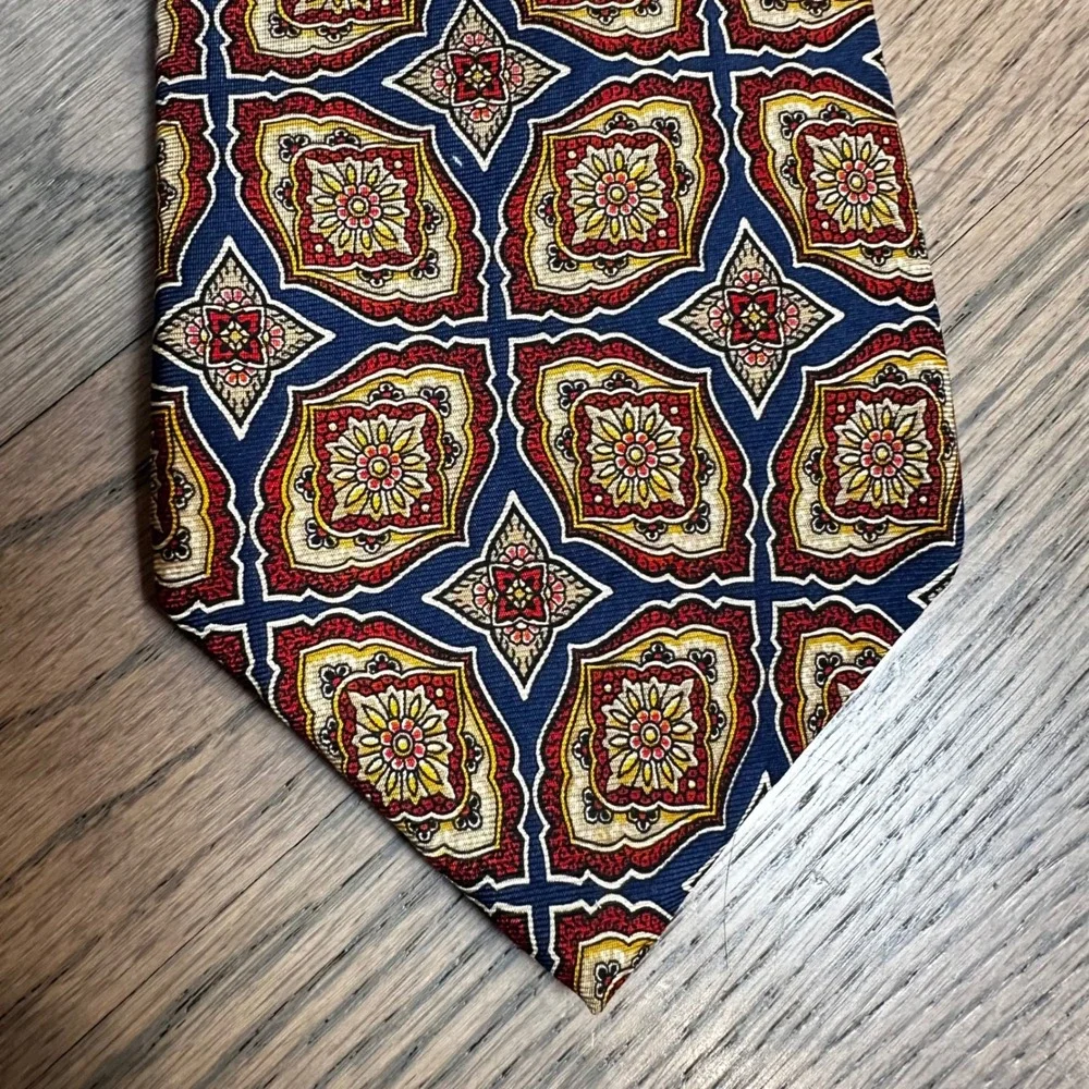 Vtg LIBERTY of London Silk Tie Floral Medallion Navy Red Gold Mens Necktie